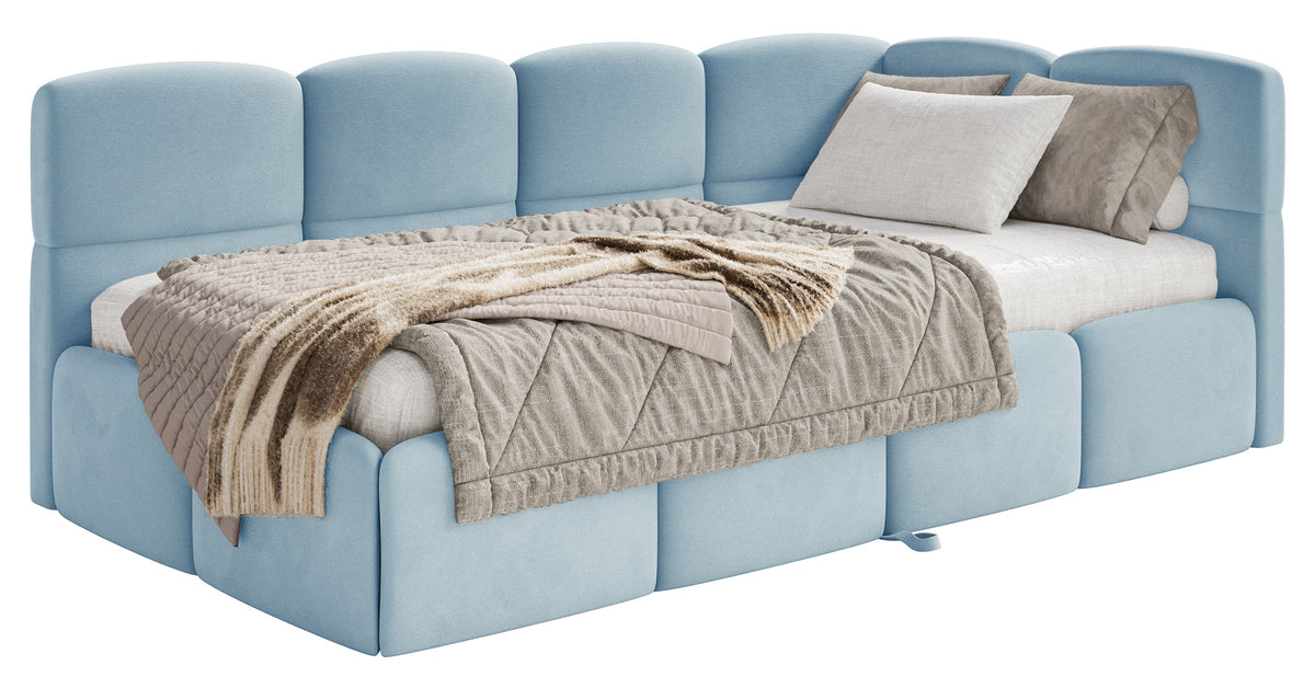 Lit simple 90x200 cm Cloudy tiroir droit avec matelas bleu velours hydrofuge facile à nettoyer