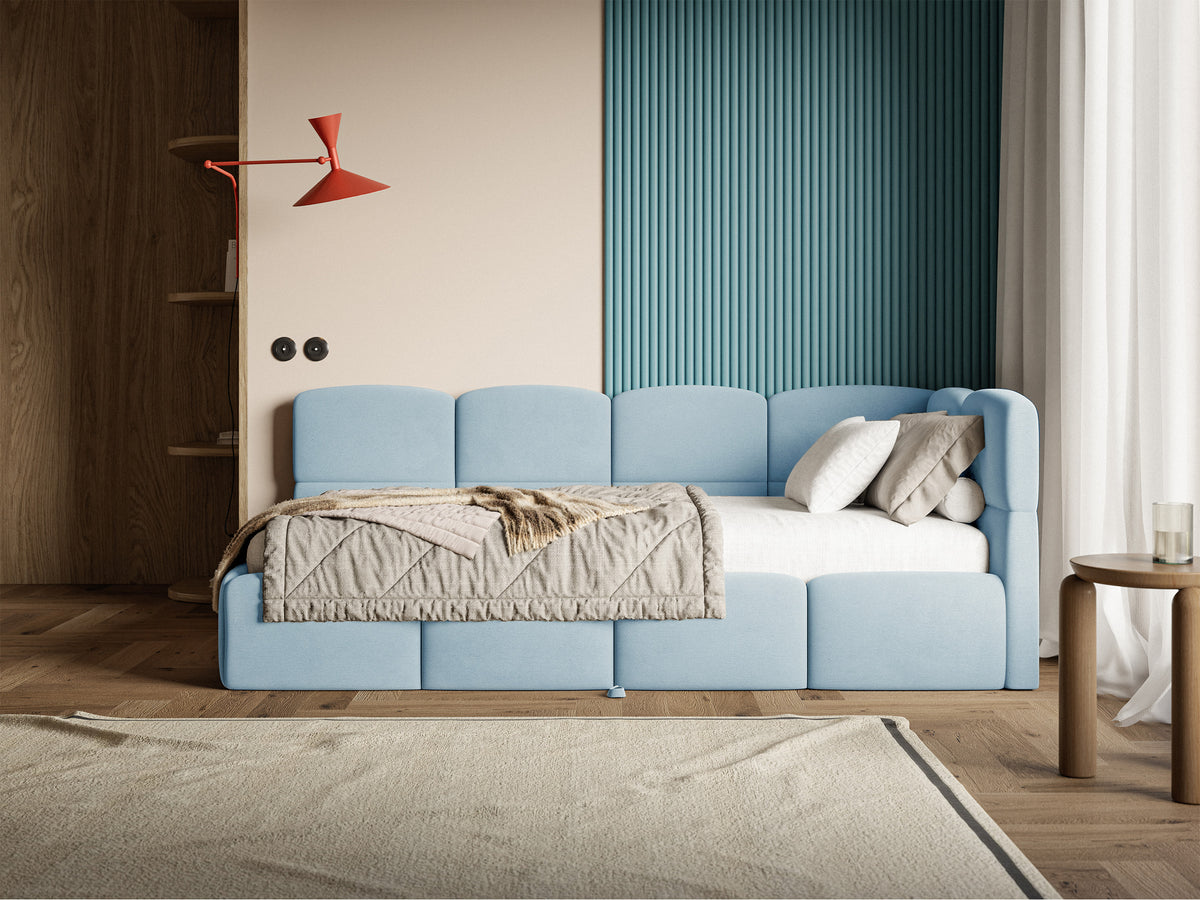 Lit simple 90x200 cm Cloudy tiroir droit avec matelas bleu velours hydrofuge facile à nettoyer