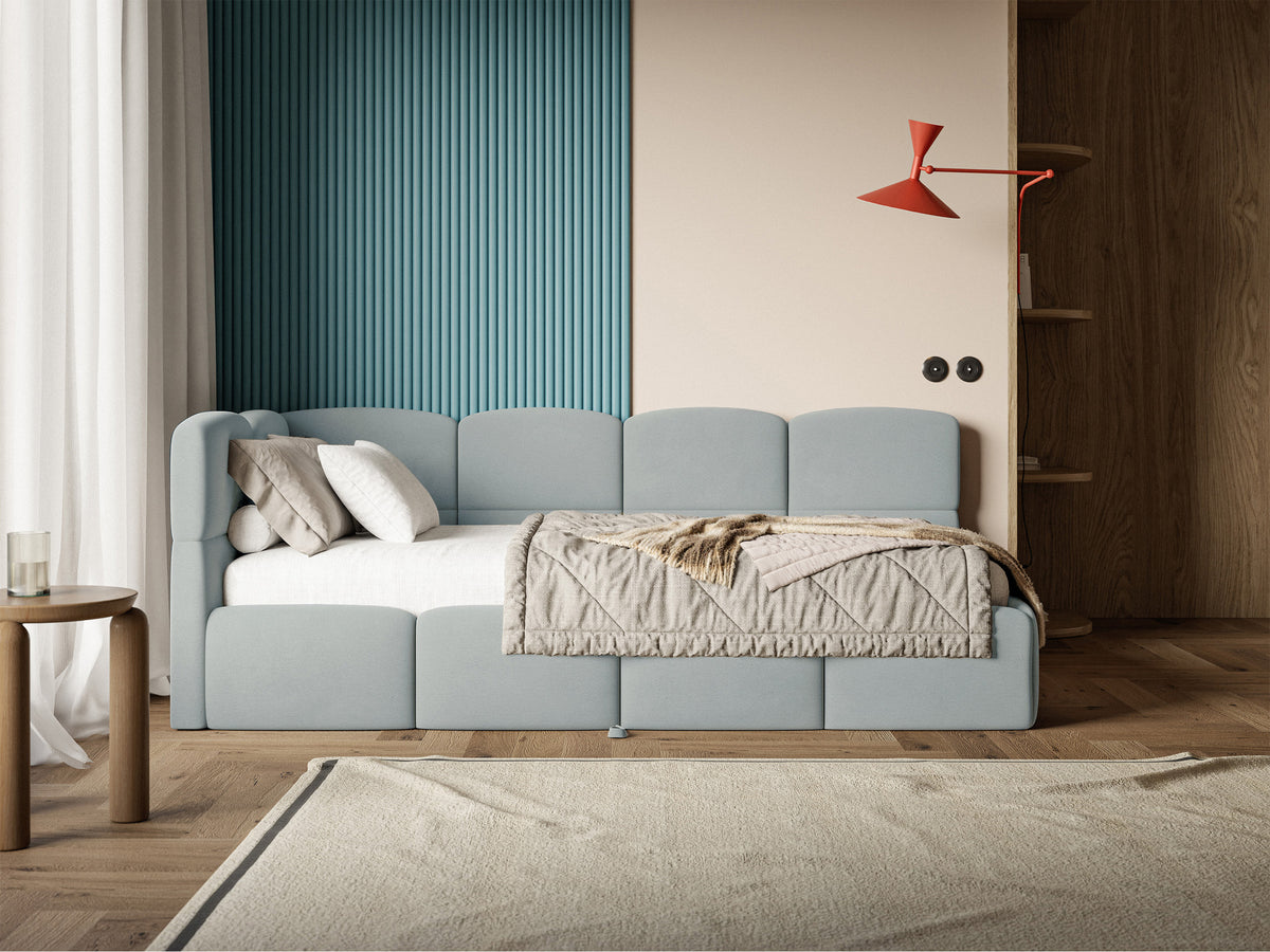 Lit d'adolescent 90x200 cm Cloudy tiroir gauche avec matelas velours gris hydrofuge facile à nettoyer