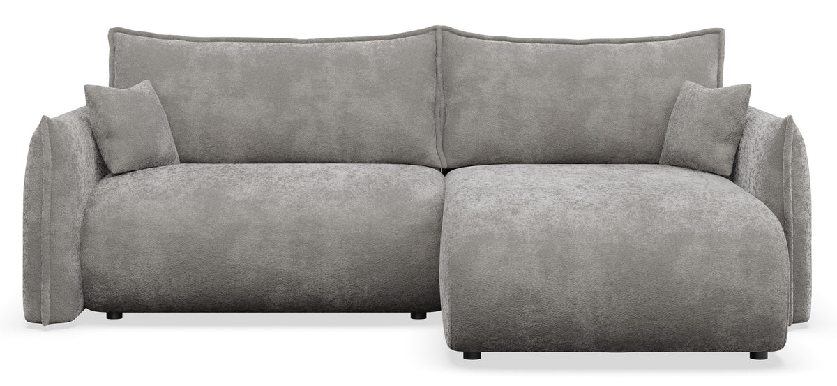 Canapé d'angle droit Cushi avec fonction couchage et coffre de rangement, tissu chenille gris