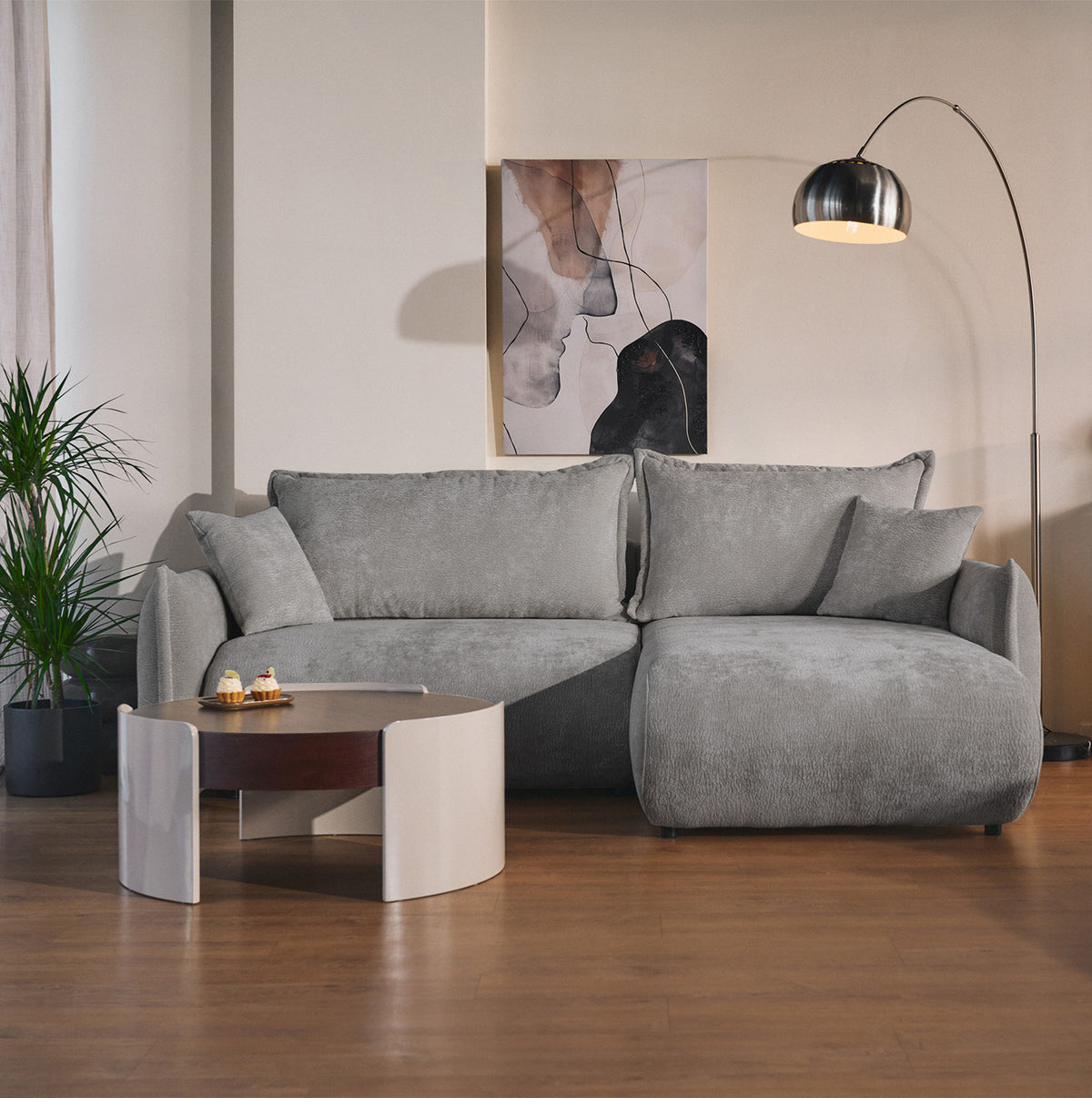 Canapé d'angle droit Cushi avec fonction couchage et coffre de rangement, tissu chenille gris