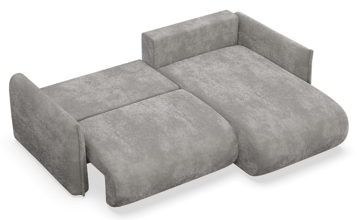 Canapé d'angle droit Cushi avec fonction couchage et coffre de rangement, tissu chenille gris