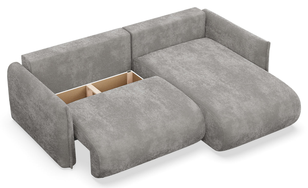 Canapé d'angle droit Cushi avec fonction couchage et coffre de rangement, tissu chenille gris