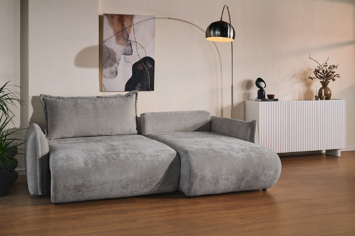 Canapé d'angle droit Cushi avec fonction couchage et coffre de rangement, tissu chenille gris