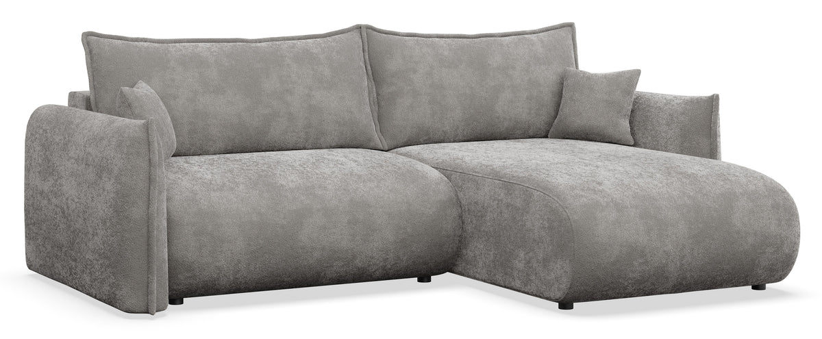 Canapé d'angle droit Cushi avec fonction couchage et coffre de rangement, tissu chenille gris