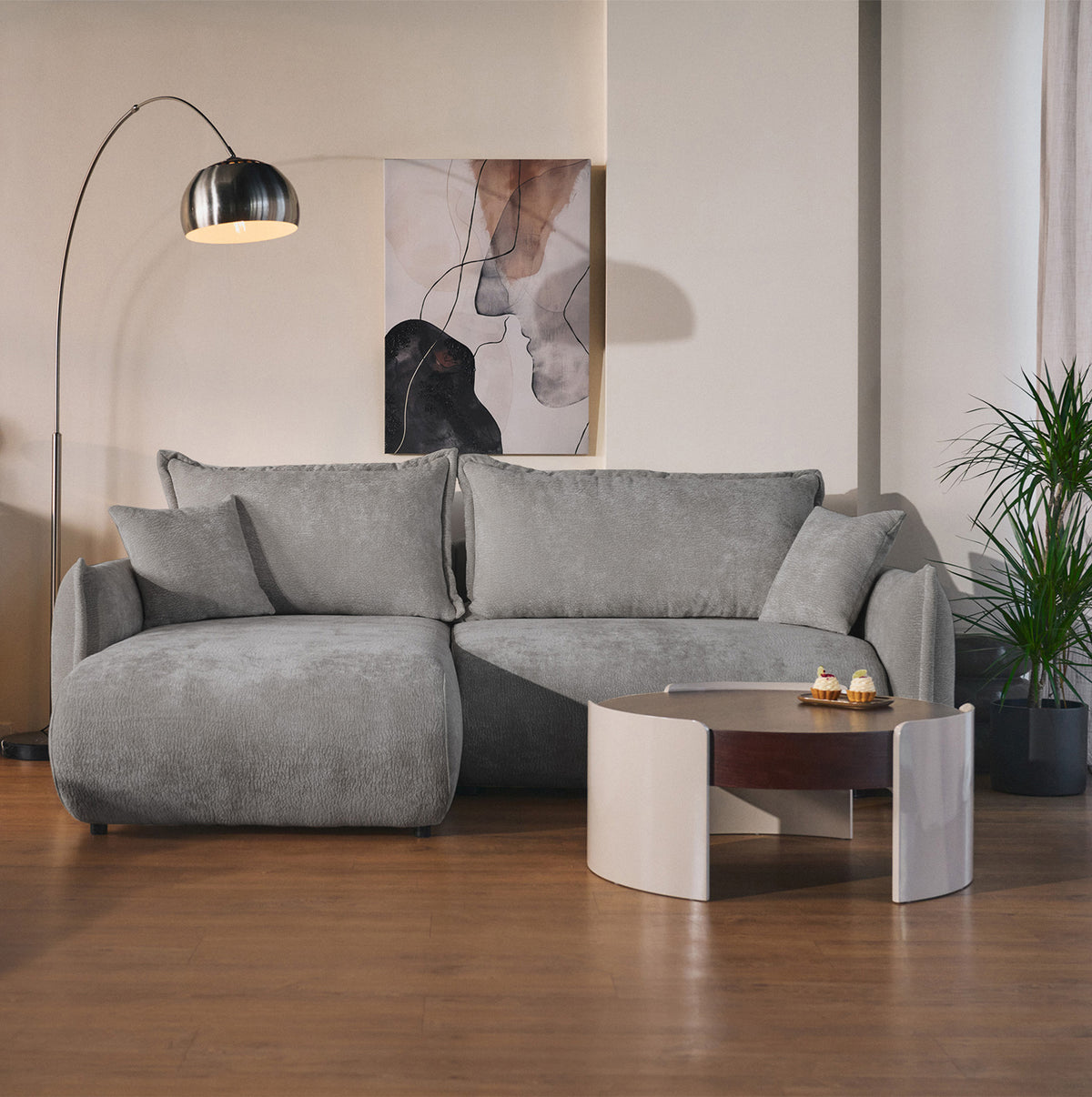 Canapé d'angle Cushi L avec fonction couchage, côté gauche, avec rangement, en tissu chenille gris