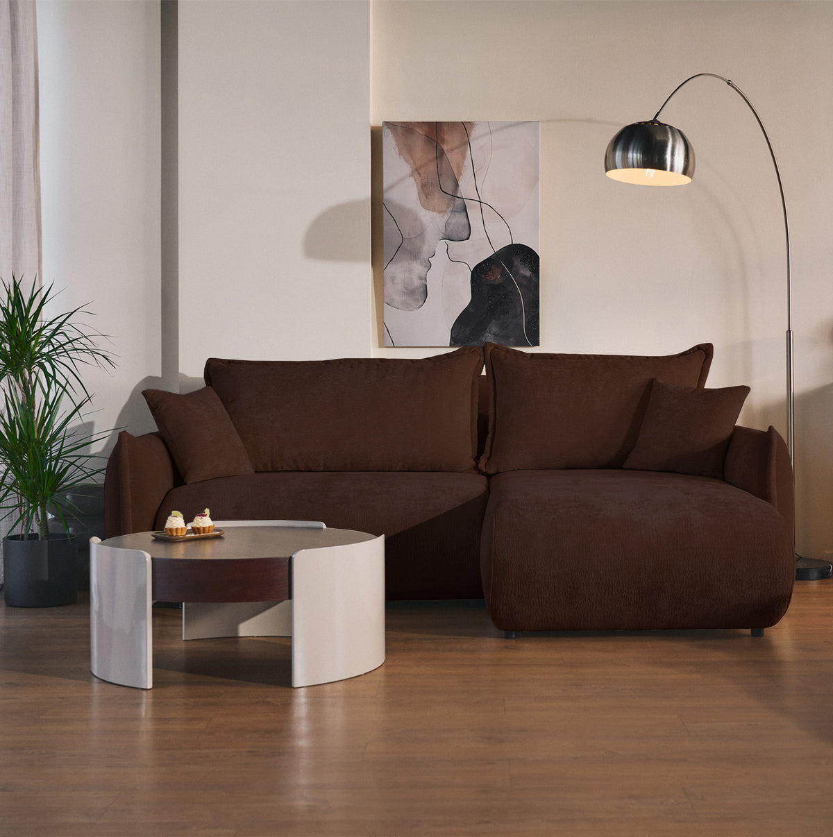 Canapé d'angle Cushi L droit avec fonction couchage et coffre de rangement, tissu chenille marron