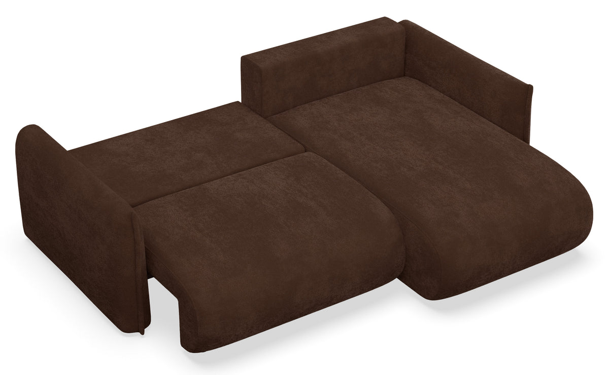 Canapé d'angle Cushi L droit avec fonction couchage et coffre de rangement, tissu chenille marron