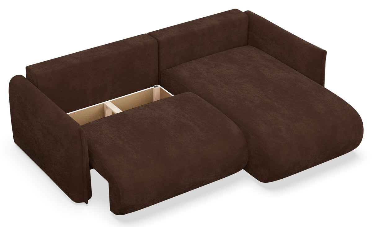 Canapé d'angle Cushi L droit avec fonction couchage et coffre de rangement, tissu chenille marron