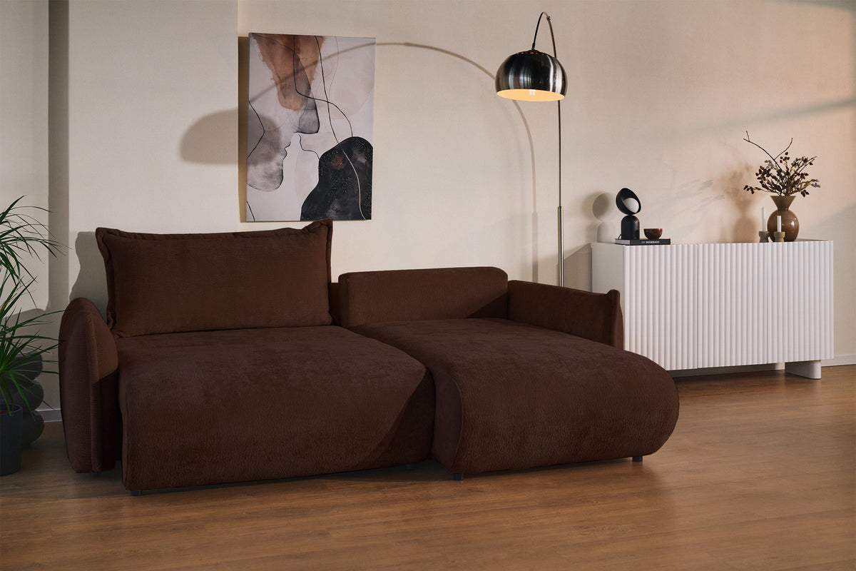 Canapé d'angle Cushi L droit avec fonction couchage et coffre de rangement, tissu chenille marron