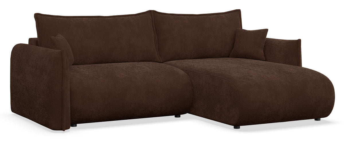 Canapé d'angle Cushi L droit avec fonction couchage et coffre de rangement, tissu chenille marron