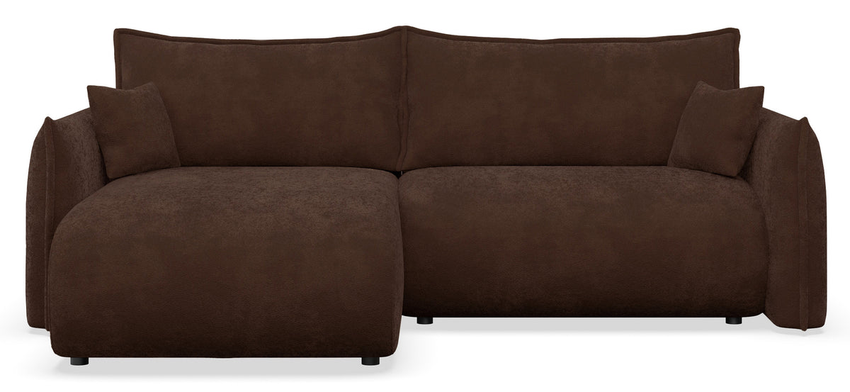 Canapé d'angle Cushi L gauche avec fonction couchage et coffre de rangement, tissu chenille marron
