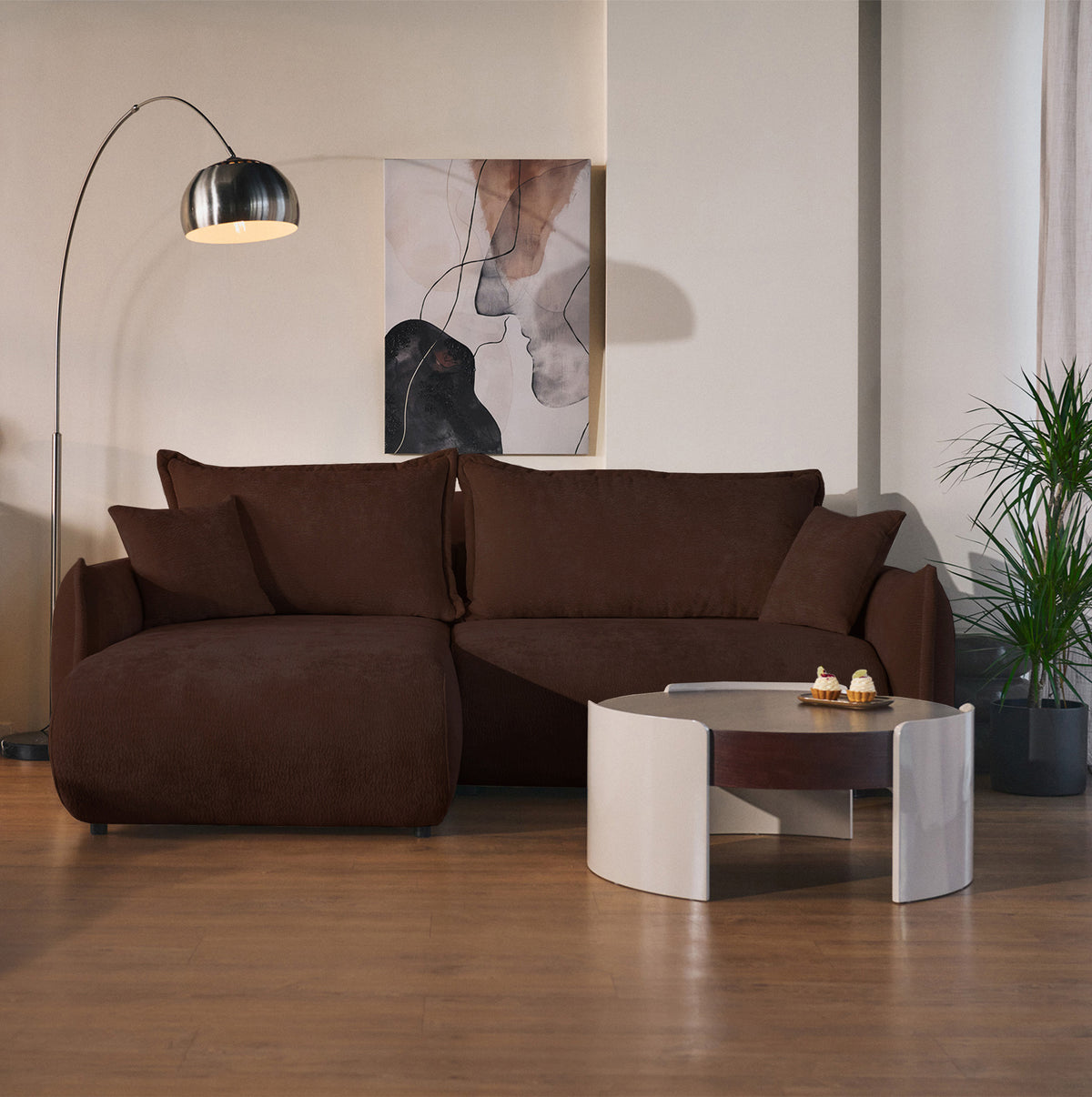 Canapé d'angle Cushi L gauche avec fonction couchage et coffre de rangement, tissu chenille marron