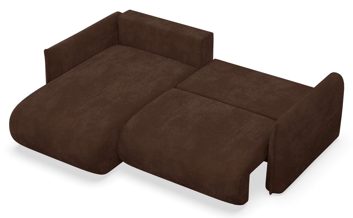 Canapé d'angle Cushi L gauche avec fonction couchage et coffre de rangement, tissu chenille marron