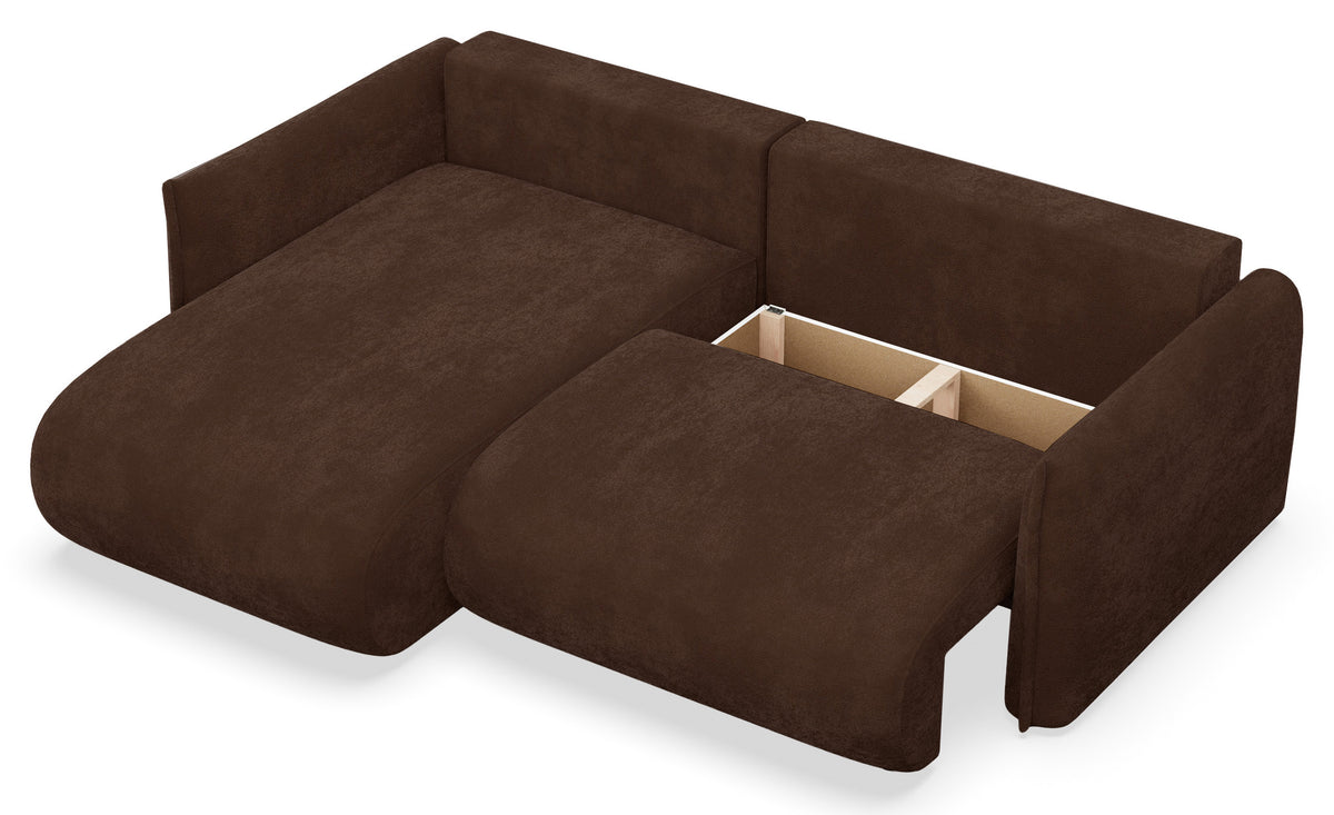Canapé d'angle Cushi L gauche avec fonction couchage et coffre de rangement, tissu chenille marron