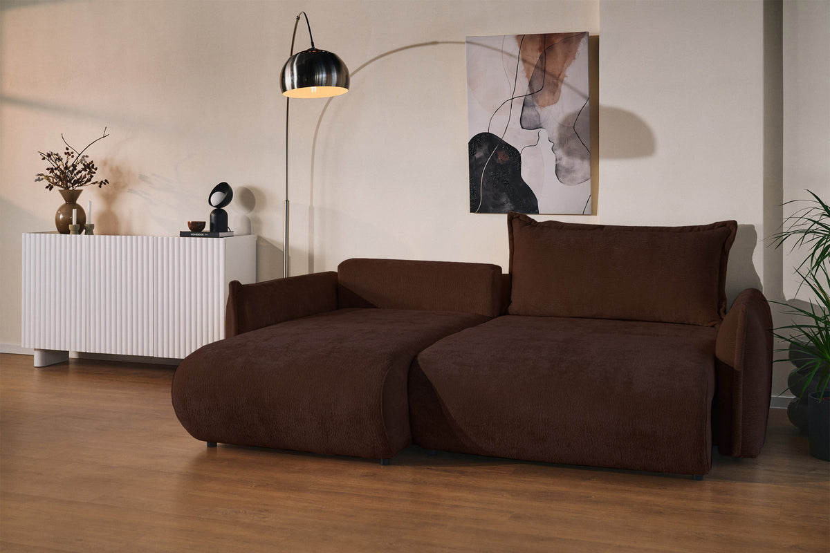 Canapé d'angle Cushi L gauche avec fonction couchage et coffre de rangement, tissu chenille marron