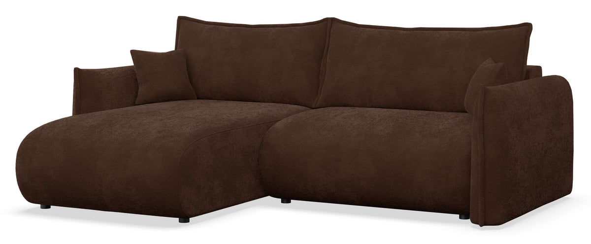 Canapé d'angle Cushi L gauche avec fonction couchage et coffre de rangement, tissu chenille marron