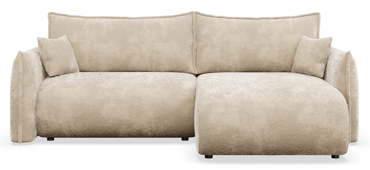 Canapé d'angle Cushi avec fonction couchage, forme en L, côté droit, avec coffre de rangement, en chenille beige