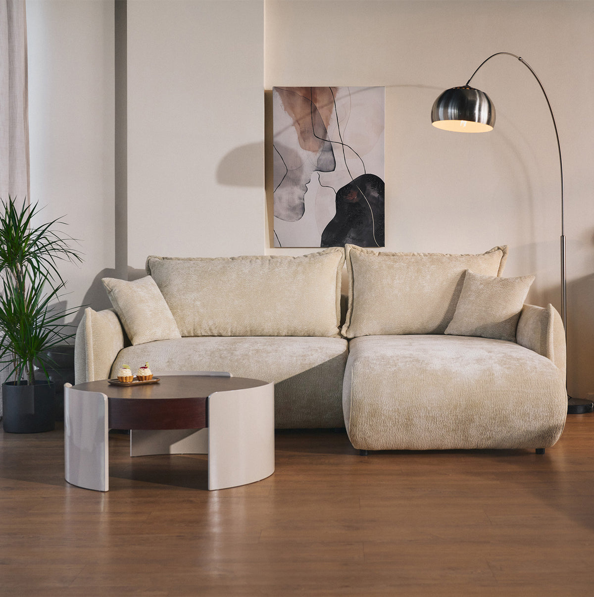 Canapé d'angle Cushi avec fonction couchage, forme en L, côté droit, avec coffre de rangement, en chenille beige