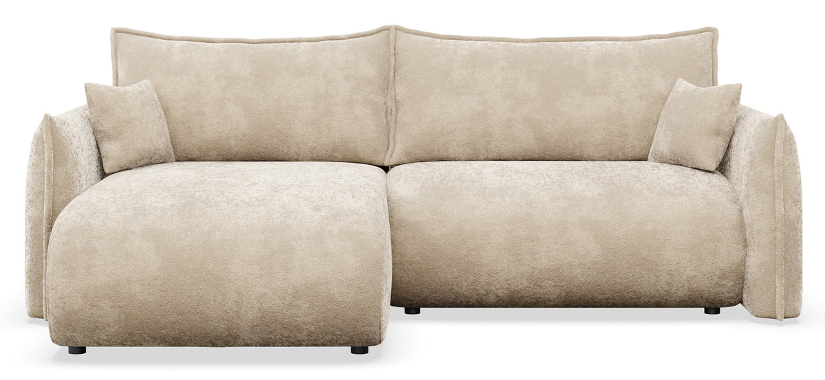 Canapé d'angle Cushi avec fonction couchage, forme en L gauche, avec coffre de rangement, en chenille beige