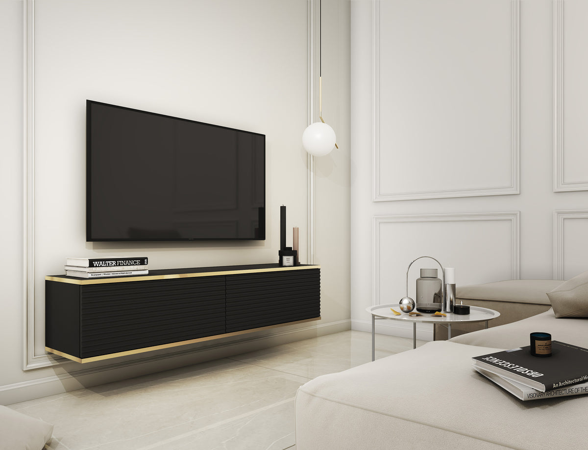 TV-Schrank Mucalma 135 cm schwarz mit goldenen Lamellen-Akzenten