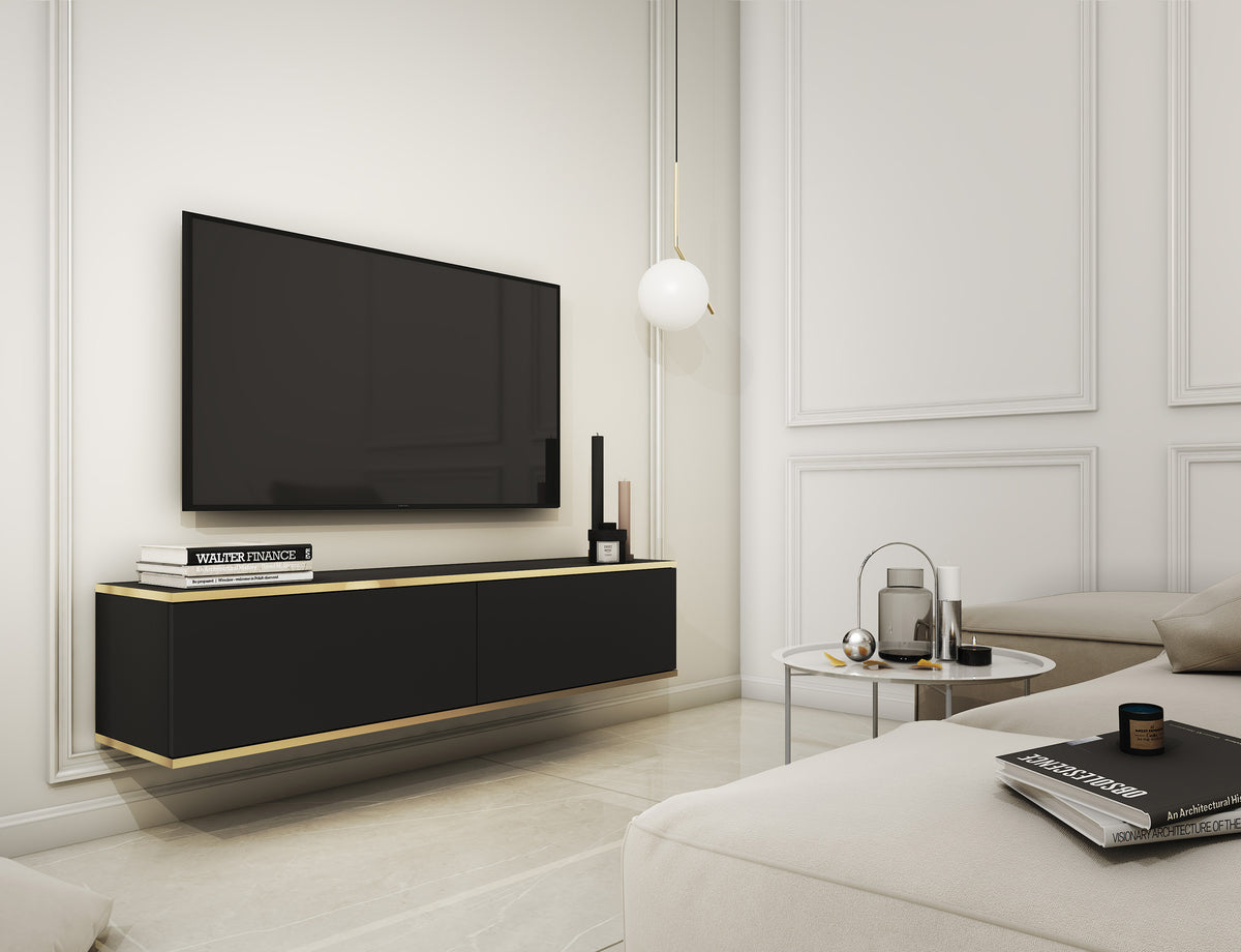 Meuble TV Mucalma 135 cm noir avec inserts dorés