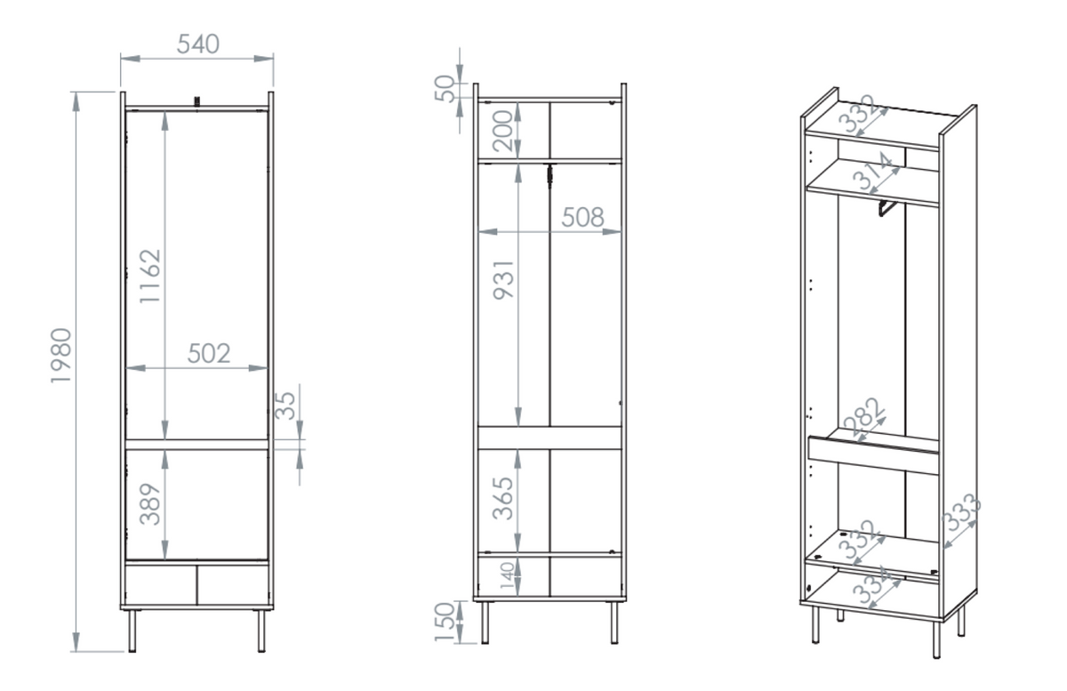 Zweiflügeliger Kleiderschrank Dioce 54 cm mit Kleiderstange und Regal Kaschmir