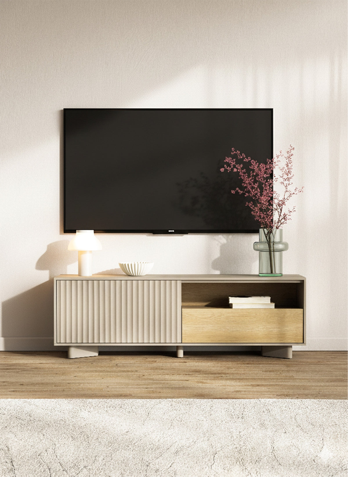 Meuble TV Distria avec tiroir et façade rainurée 140 cm cachemire/chêne Vicenza