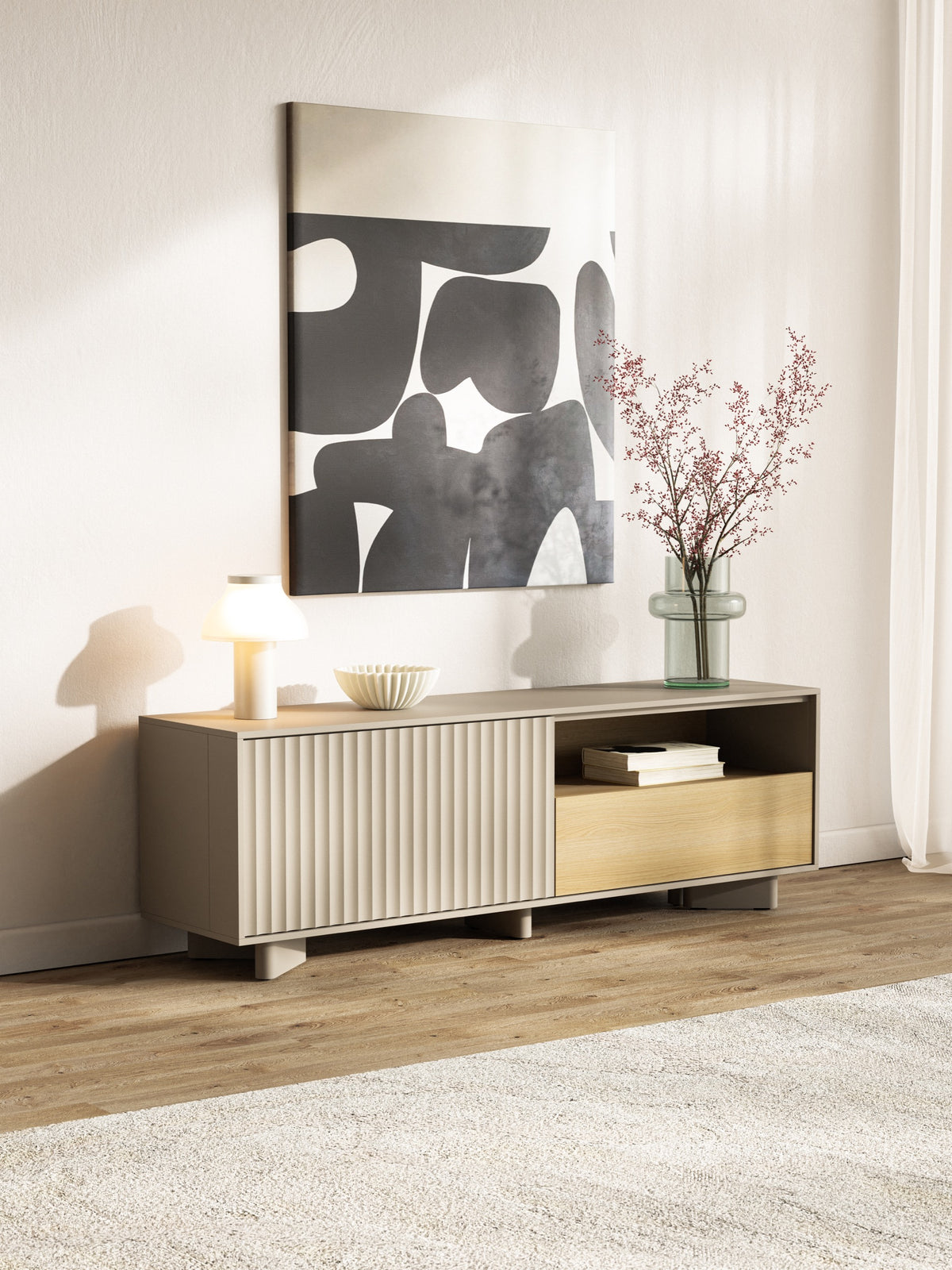 Meuble TV Distria avec tiroir et façade rainurée 140 cm cachemire/chêne Vicenza