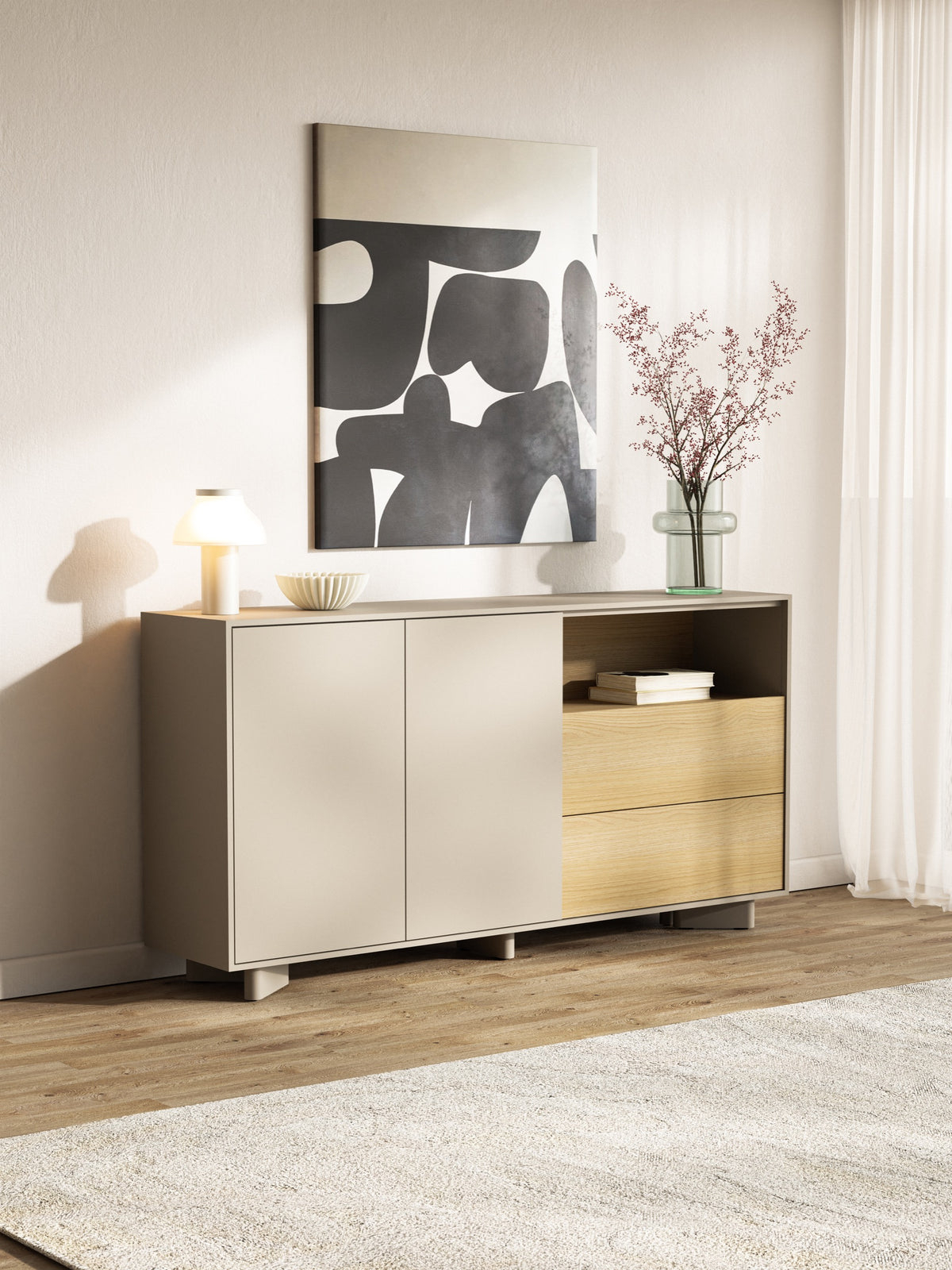 Zweiturige Kommode Distria mit Schubladen, 156 cm, Kaschmir/Vicenza-Eiche