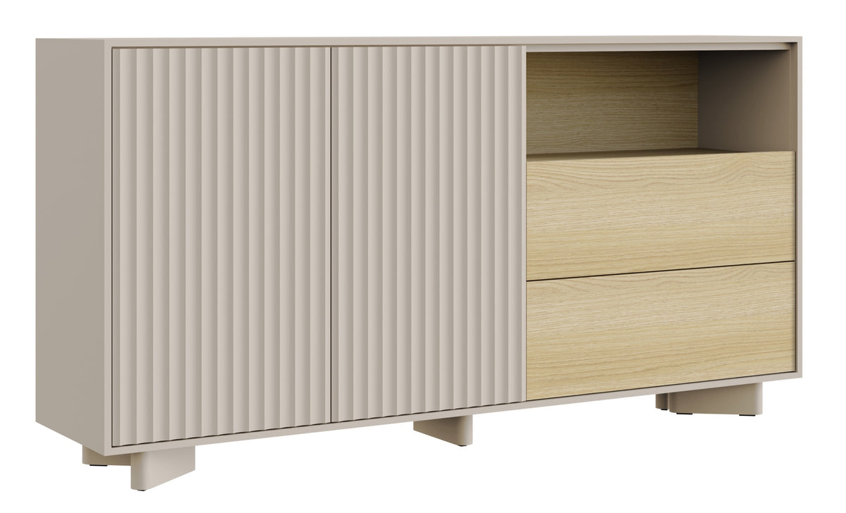 Commode 2 portes Distria avec tiroirs et façade rainurée 156 cm cachemire/chêne Vicenza