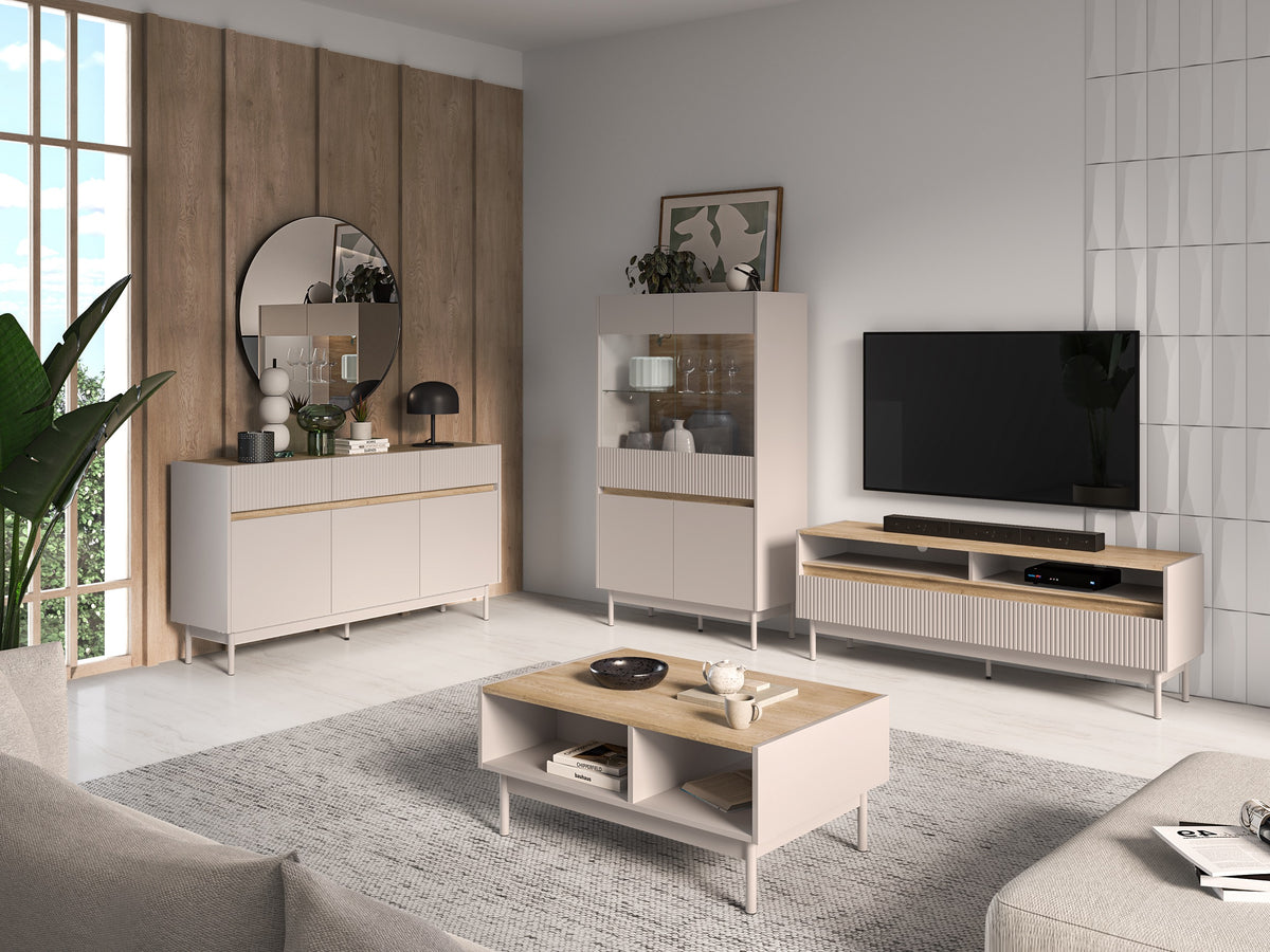 Drehtür-Kommode Dunea mit drei Schubladen, 154 cm, Kaschmir/Eiche