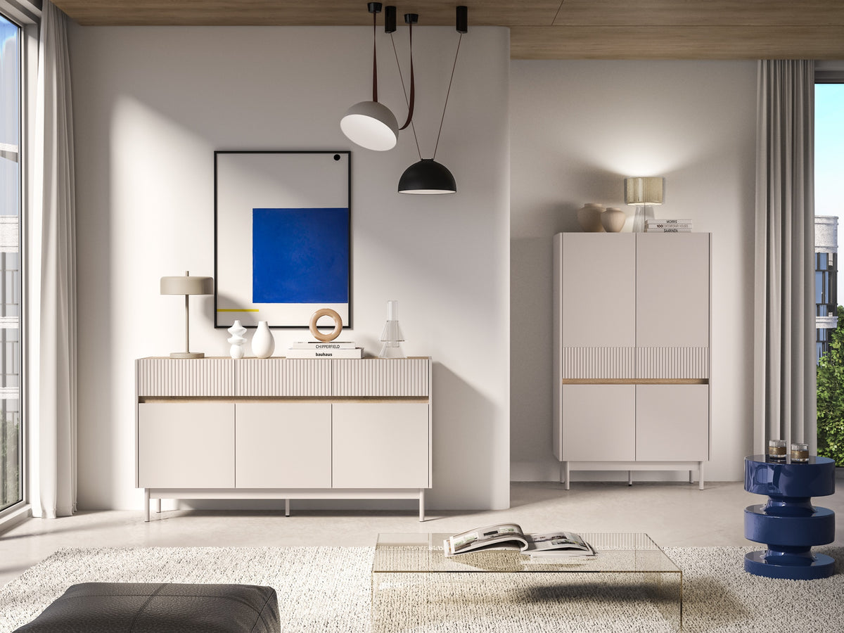 Drehtür-Kommode Dunea mit drei Schubladen, 154 cm, Kaschmir/Eiche