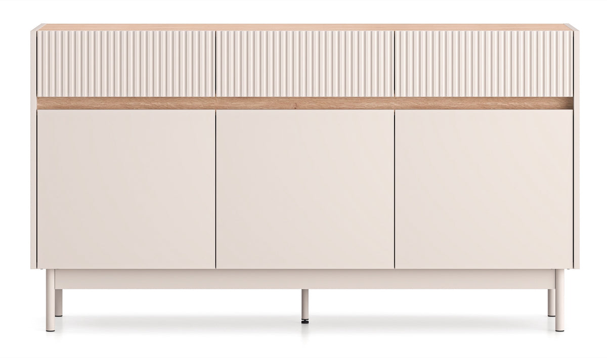 Drehtür-Kommode Dunea mit drei Schubladen, 154 cm, Kaschmir/Eiche
