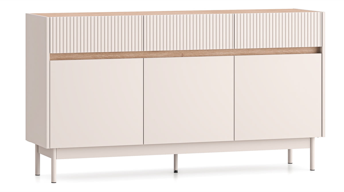 Drehtür-Kommode Dunea mit drei Schubladen, 154 cm, Kaschmir/Eiche