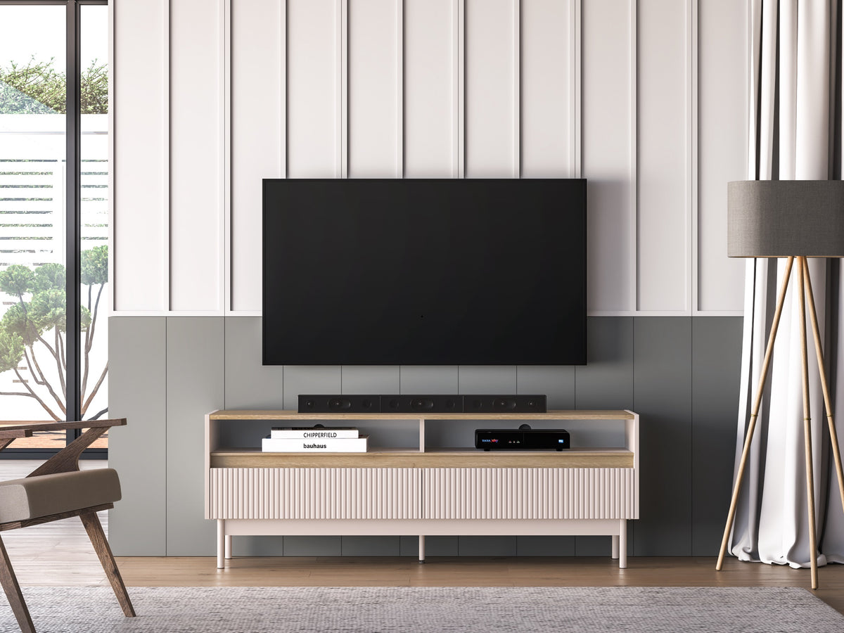 Meuble TV Dunea avec deux tiroirs et niches 154 cm cachemire/chêne