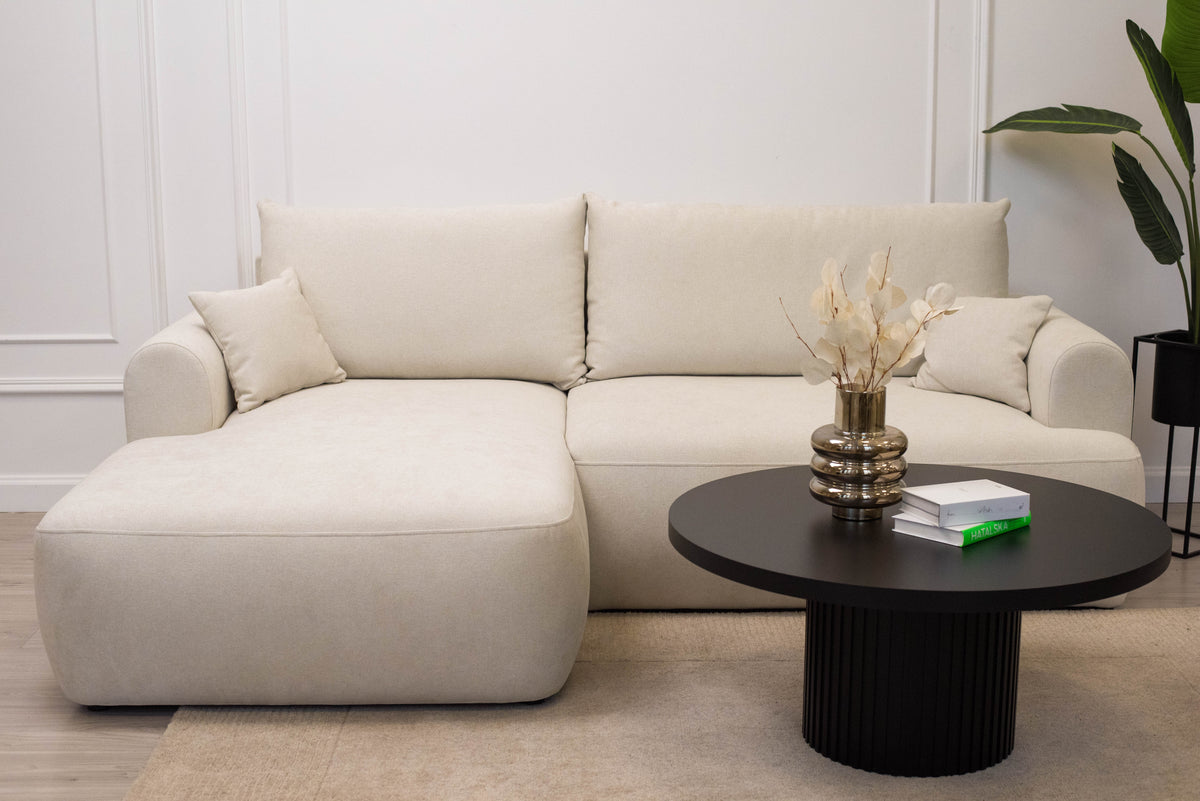 Canapé d'angle avec fonction couchage Ovo mini en L, côté gauche, avec rangement, en chenille crème facile à nettoyer