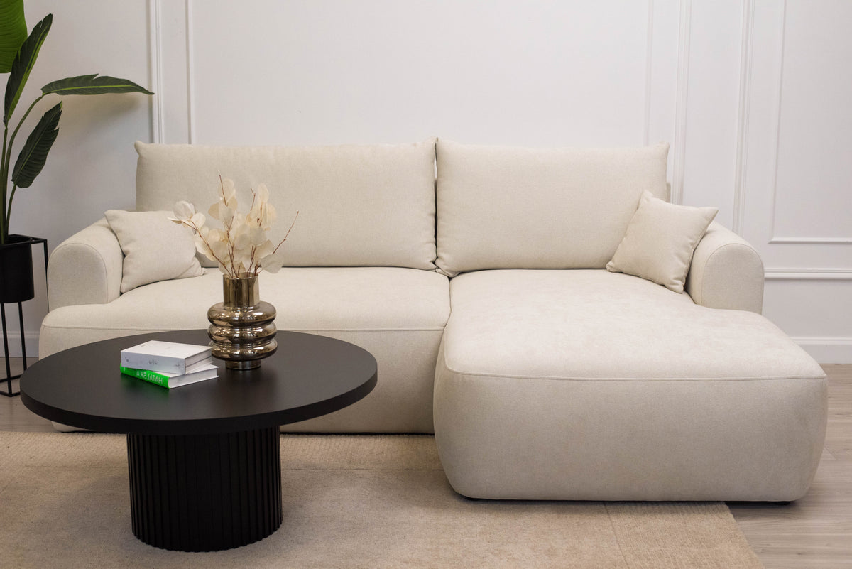 Canapé d'angle avec fonction couchage Ovo mini en L, côté droit, avec rangement, en chenille crème facile d'entretien