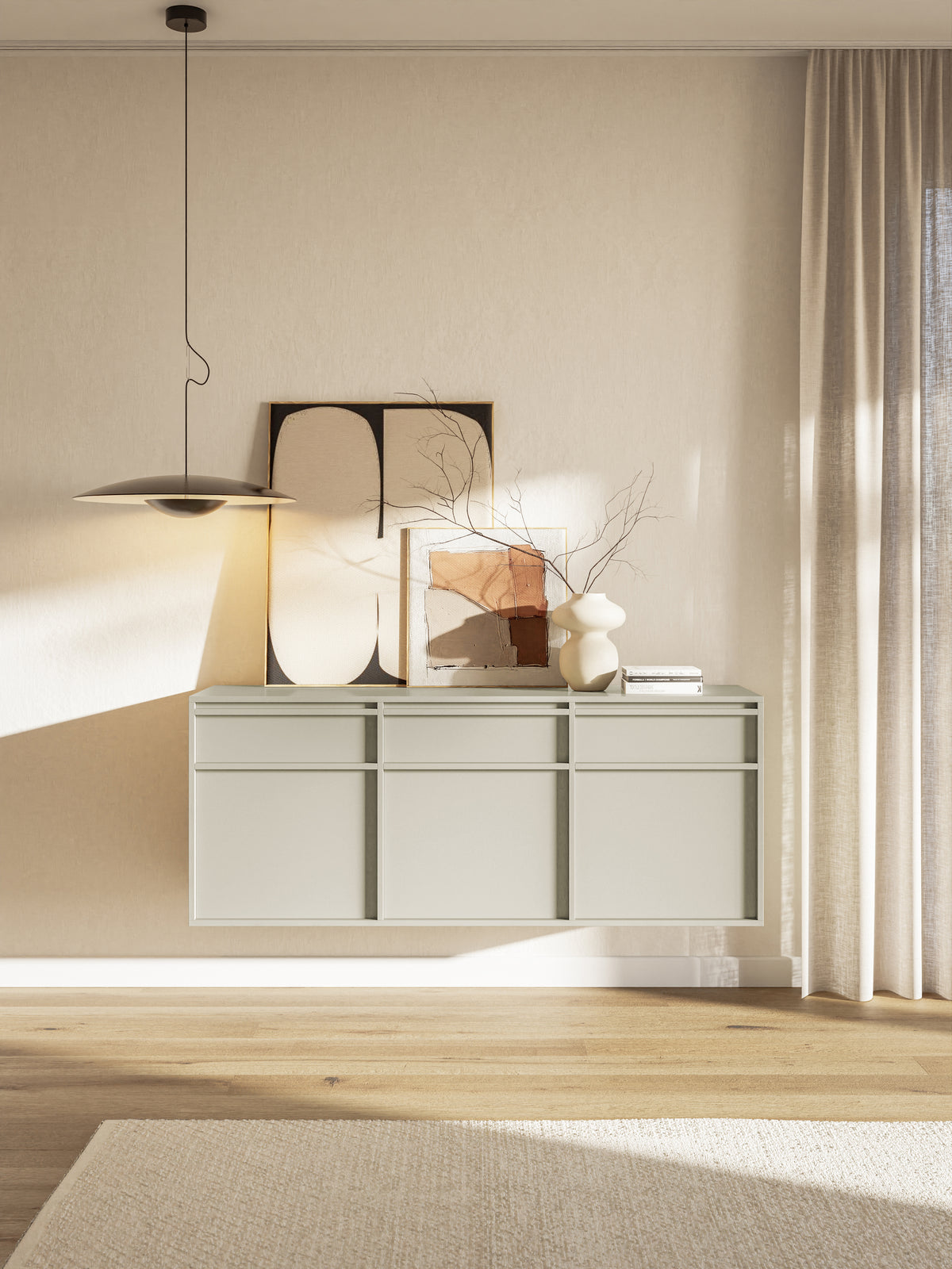 Commode suspendue trois portes Evo avec tiroirs 154 cm cachemire