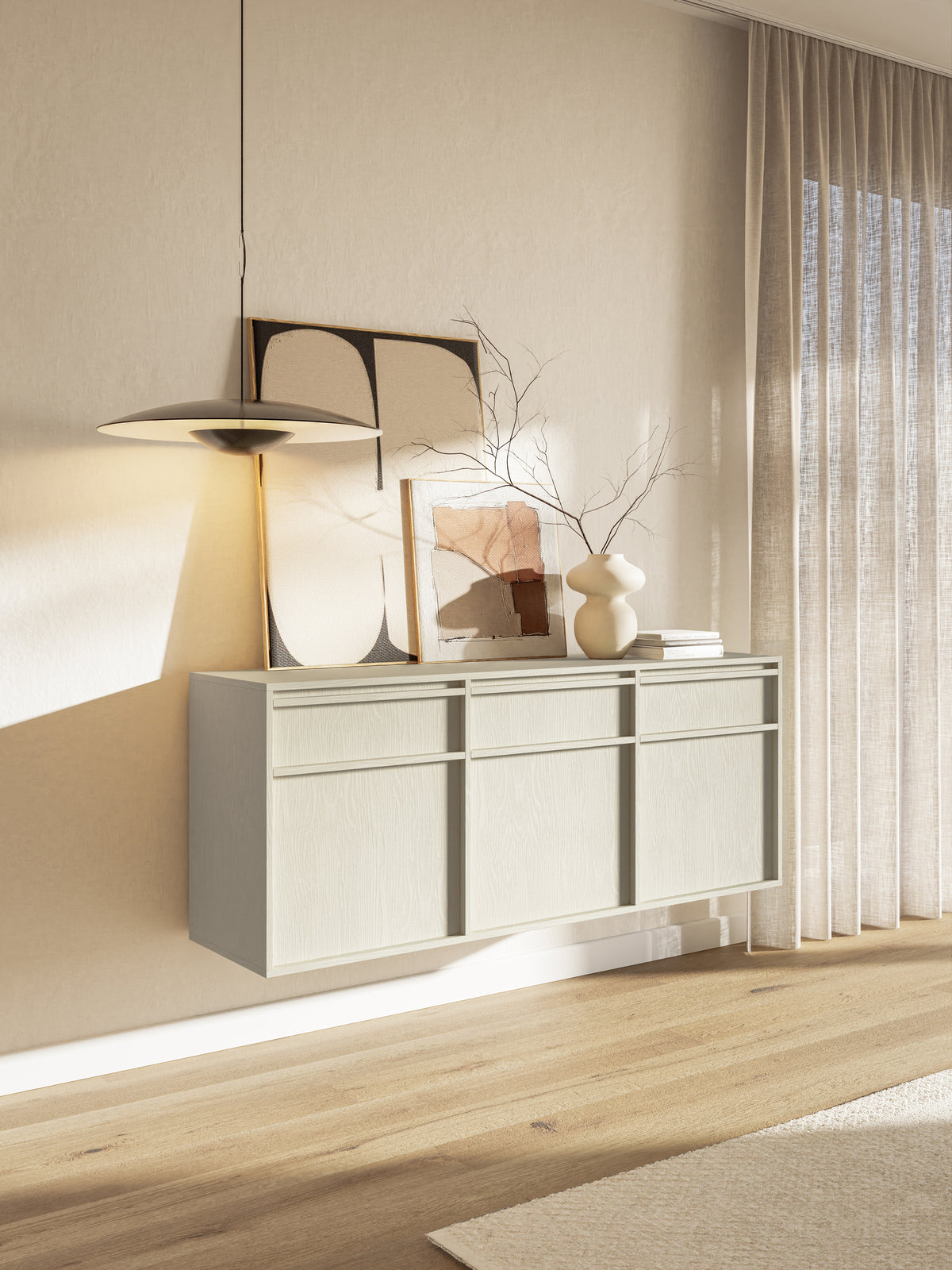 Hängende dreitürige Kommode Evo mit Schubladen, 154 cm, Sandbeige