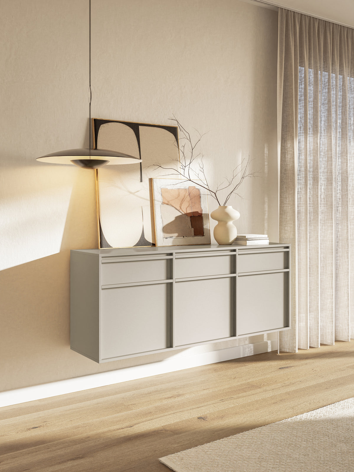 Commode suspendue trois portes Evo avec tiroirs 154 cm cachemire