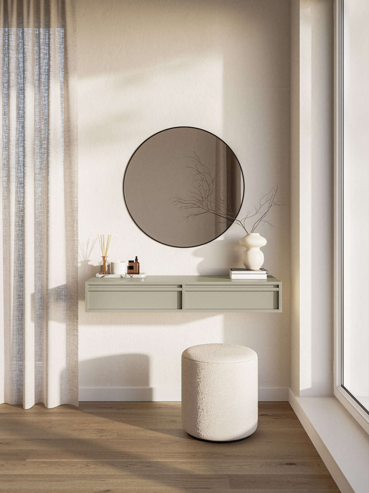 Coiffeuse Evo suspendue 110 cm cachemire avec tiroirs