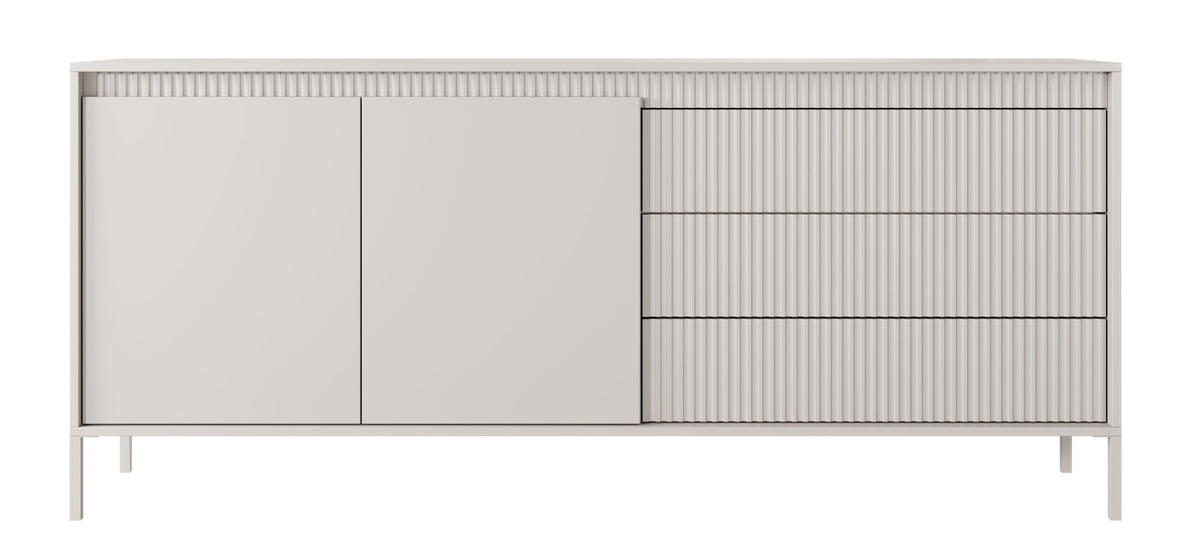 Commode deux portes Falsetto avec façades cannelées et trois tiroirs, 187 cm, beige