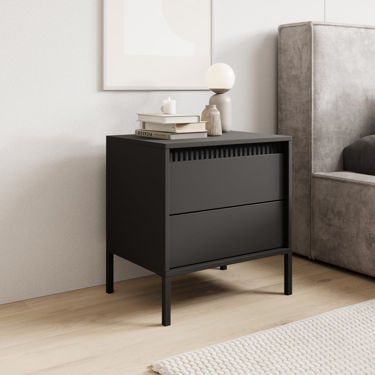 Table de chevet Falsetto avec deux tiroirs et façades cannelées 54 cm noire