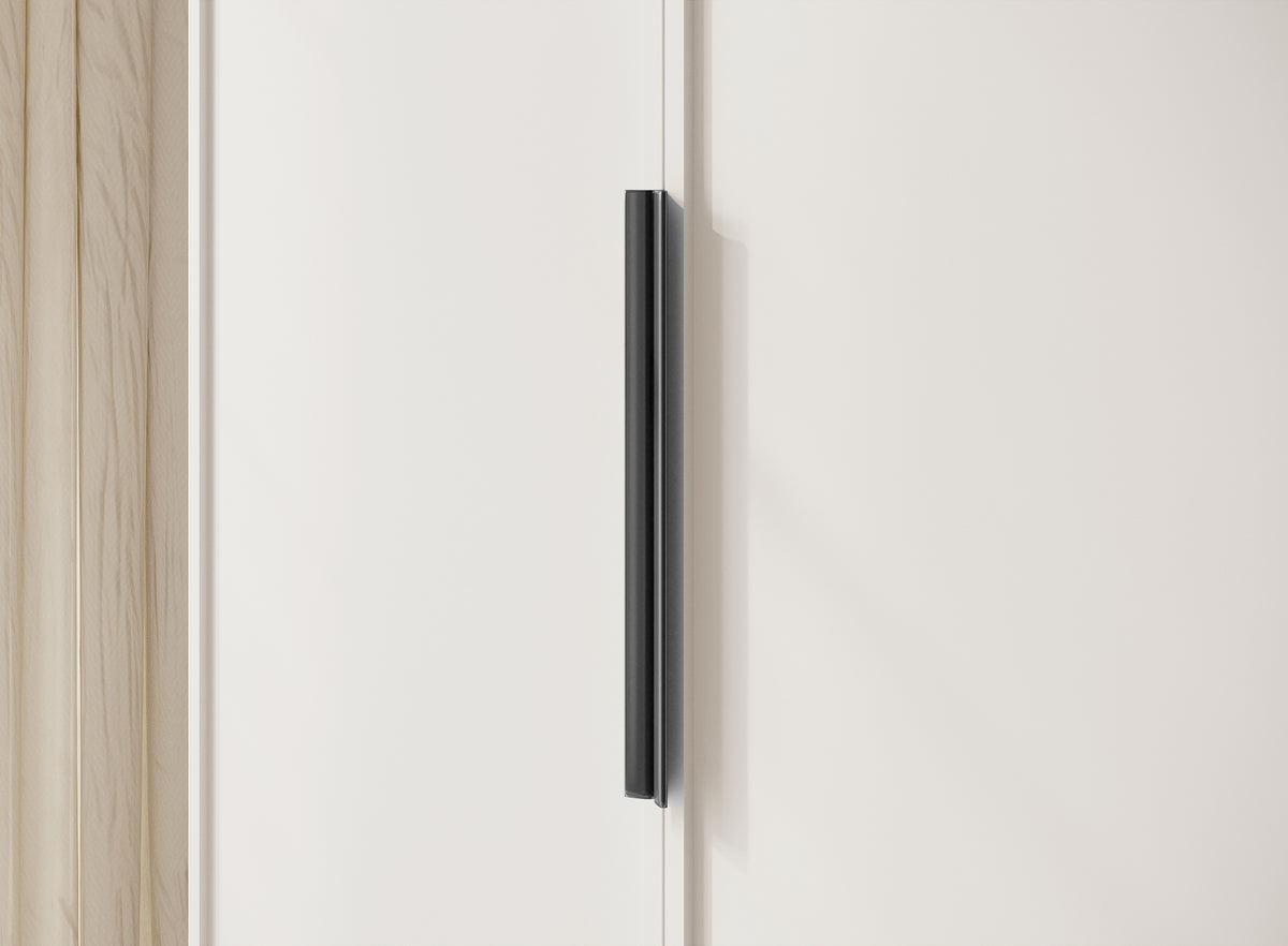 Vier­türiger Frame-Kleiderschrank mit zwei Kleiderstangen, Regalen und Schubfach, 200 cm, Weiß