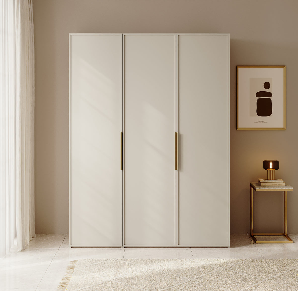 Armoire trois portes Frame avec tringle longue et sept étagères 150 cm Gris beige