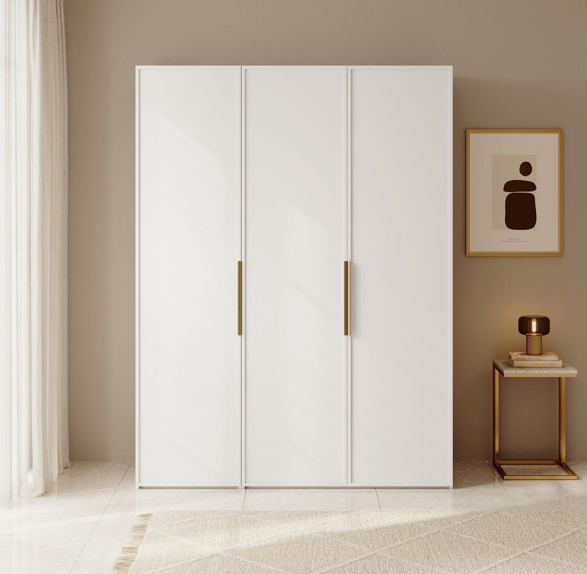 Drehtürenschrank Frame mit langer Kleiderstange und sieben Regalböden, 150 cm, Weiß