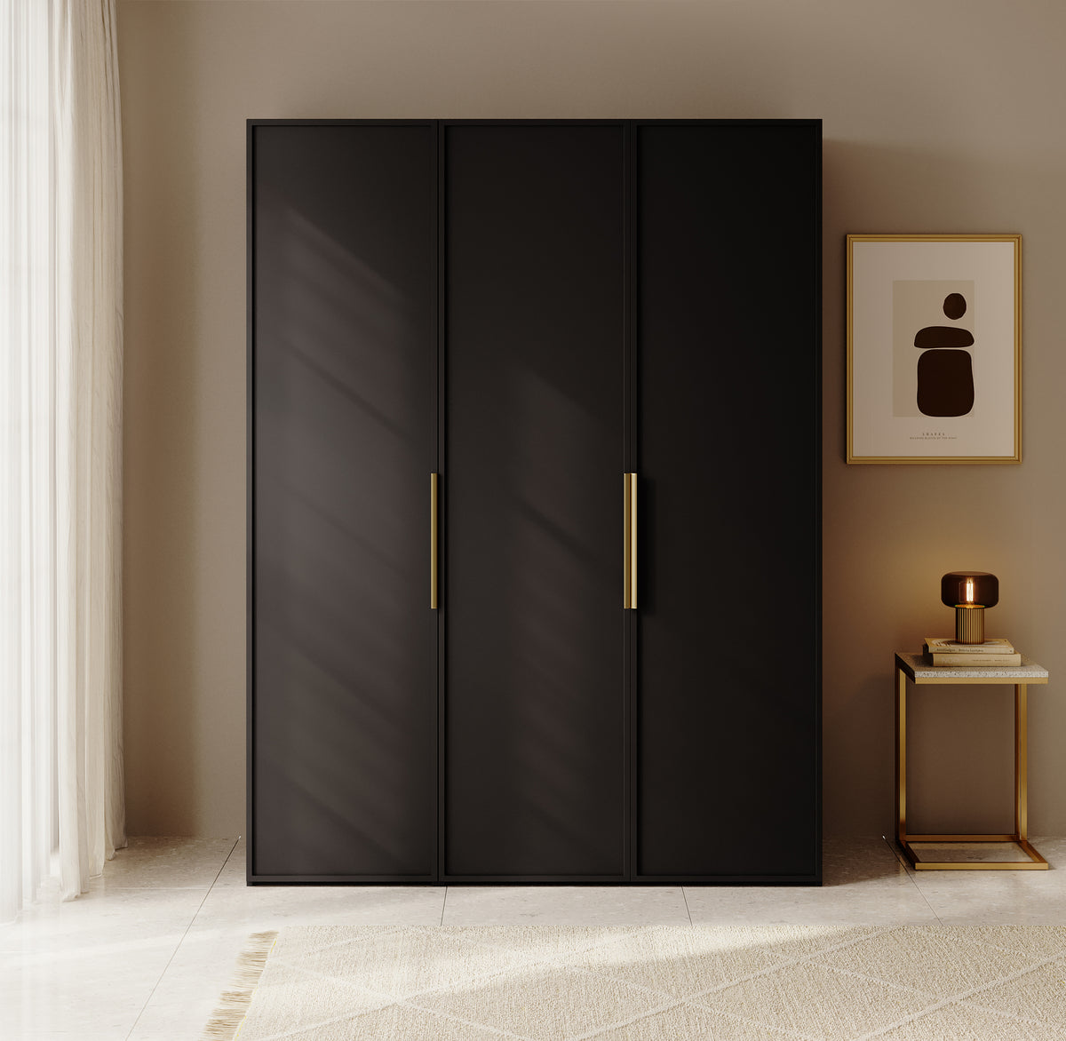Drehtürenschrank Frame mit langer Kleiderstange, sieben Regalböden und Container, 150 cm, Schwarz