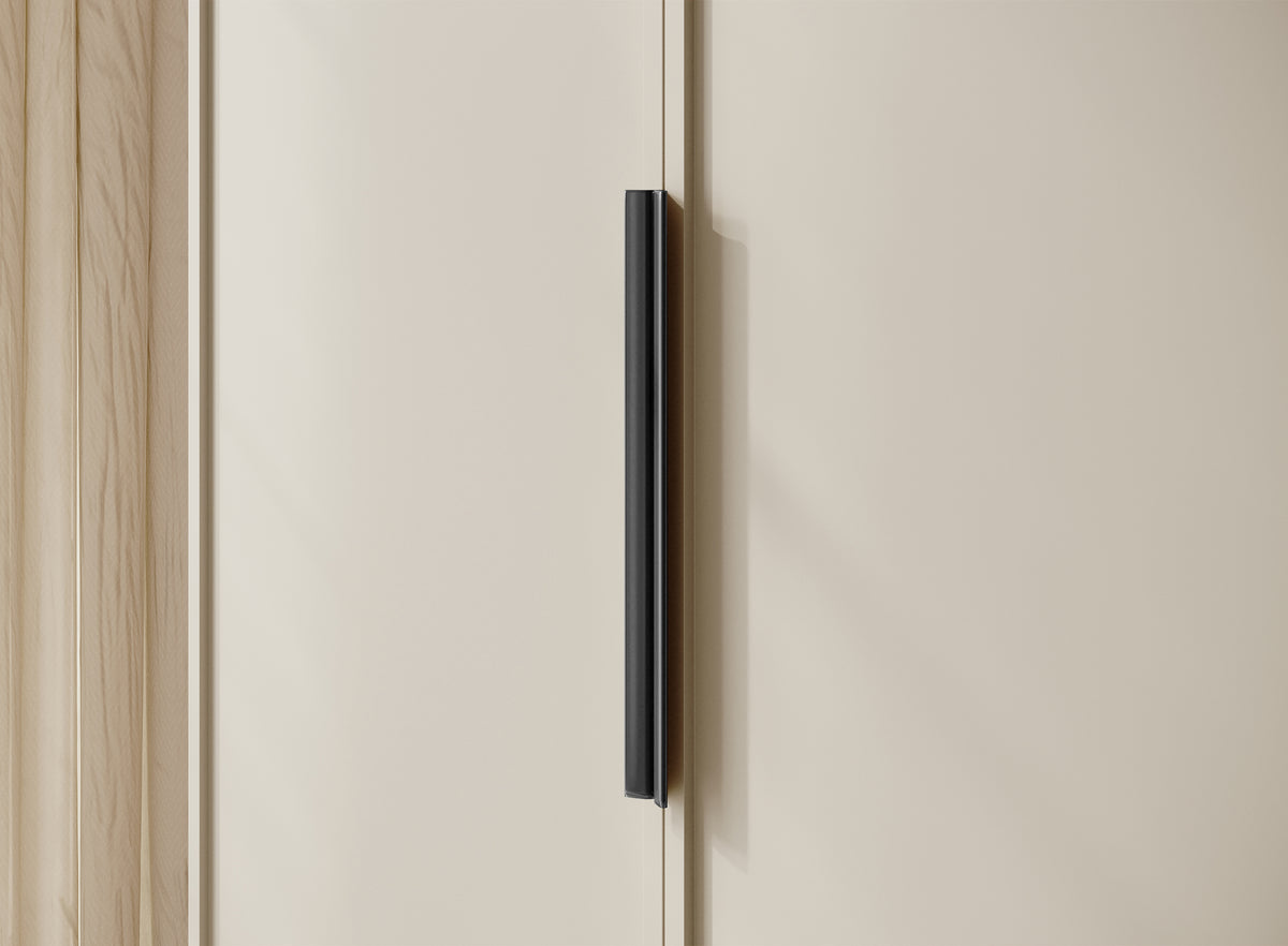 Vier­türiger Frame-Kleiderschrank mit Kleiderstange und Regalen, 200 cm, Grau-Beige