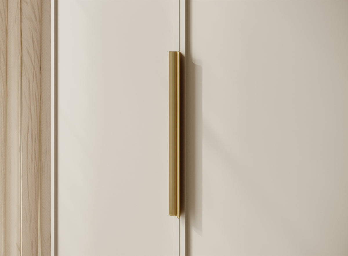 Vier­türiger Frame-Kleiderschrank mit Kleiderstange und Regalen, 200 cm, Grau-Beige
